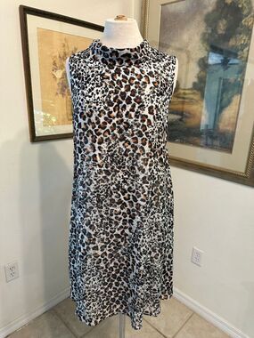 NWOT Sharagano Sleeveless Leopard Print Shift Dress w/ Reverse Collar Size 16